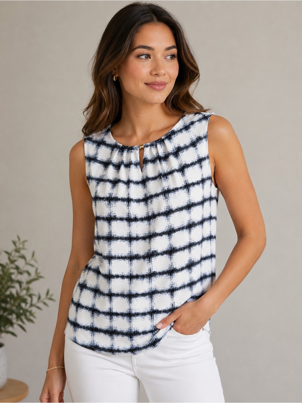 Sleeveless Plaid Print Blouse with gold gem detail